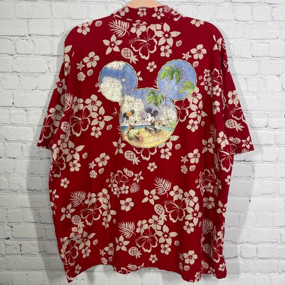Diney Shirt Men Large Hawaiian Floral Red Michey Minie Button Down Short Sleeve - Picture 2 of 13